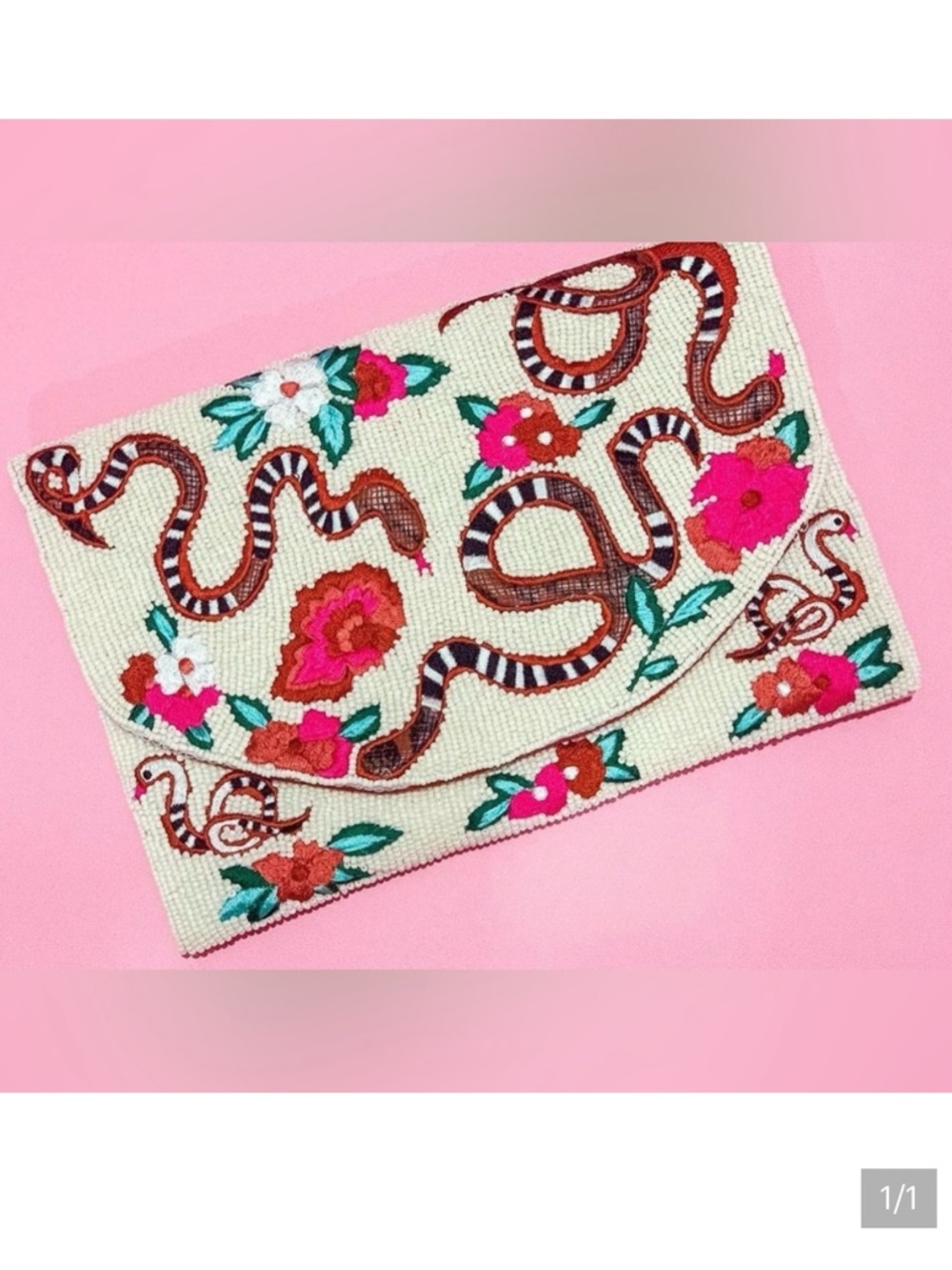 NWT Beaded Clutch/Crossbody,11x7,Beaded Snake Floral Embroidery,White Lotus Vibe